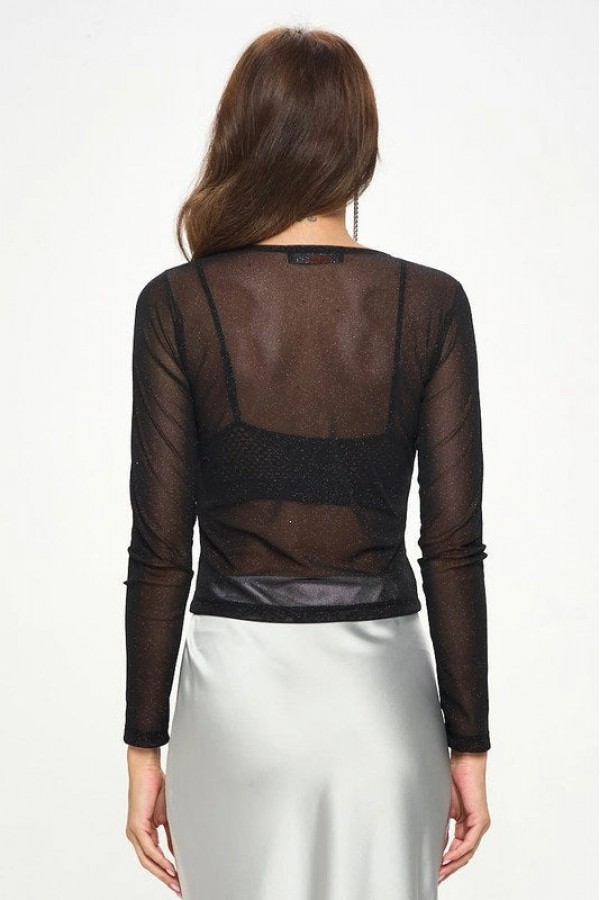 Fuego Cielo Stretch Mesh Long Sleeve Top